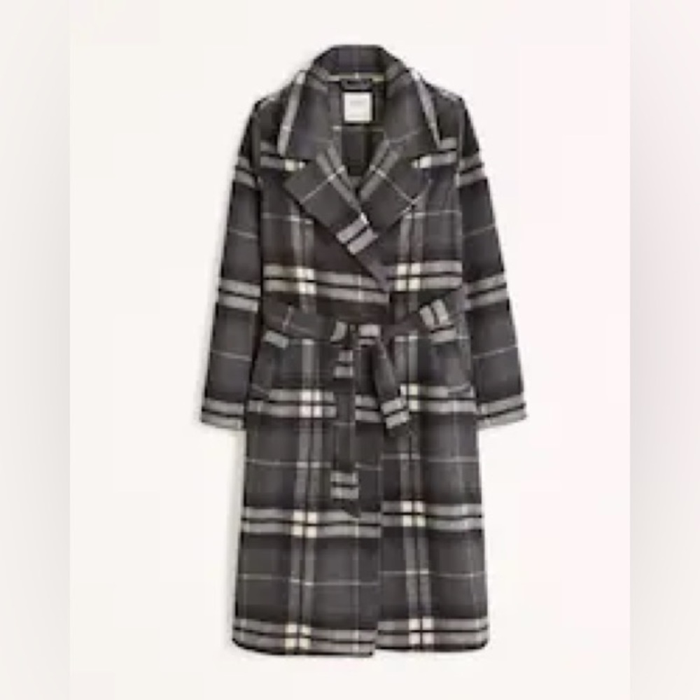 NWT Abercrombie and Fitch Wool-Blend Belted Blanket Coat Black Plaid Petite S